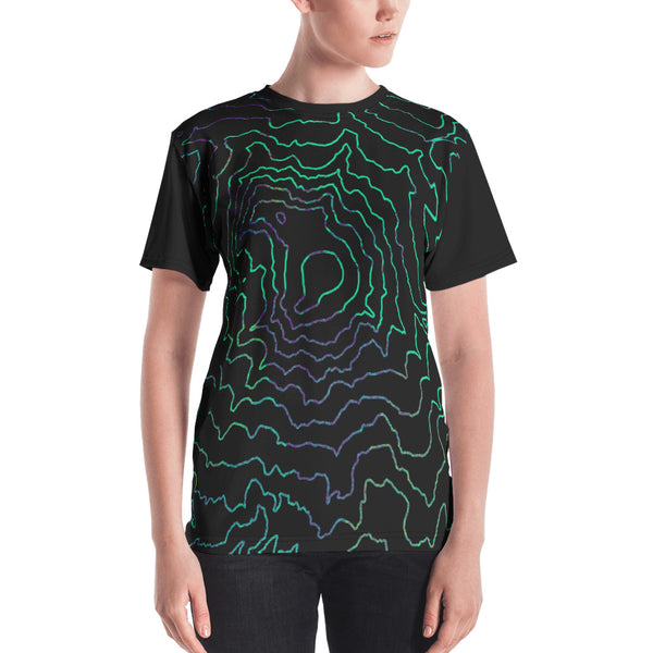 Custom Cartographic All-Over Print Tee Shirt Women. Topographic Design